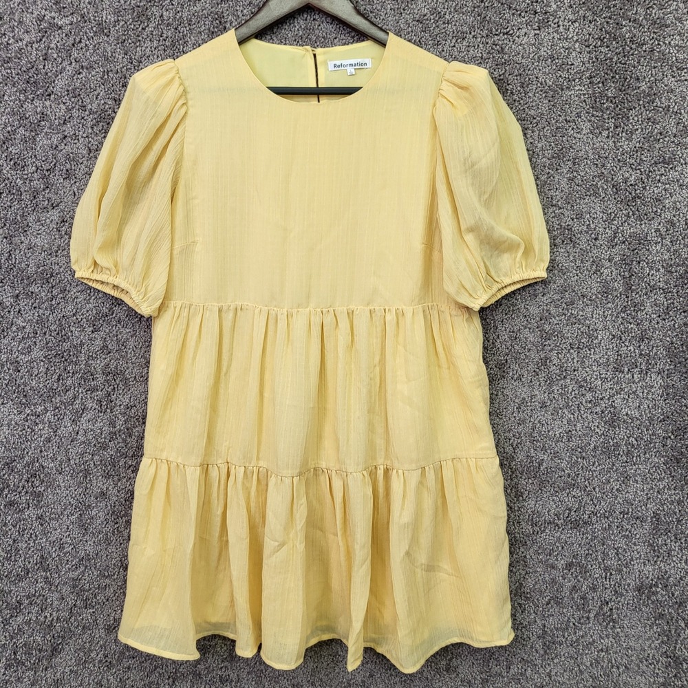 Reformation Women's Tiered Babydoll Mini Dress Puff Sleeve Pastel Yellow Size L